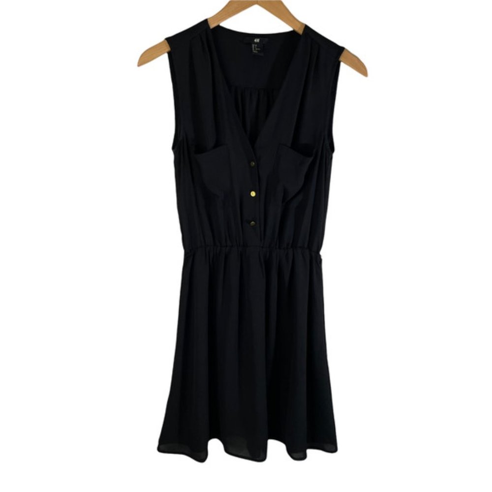 H&M Womens Button Front Pockets Elastic Waist Sleeveless Dress Black Size 2